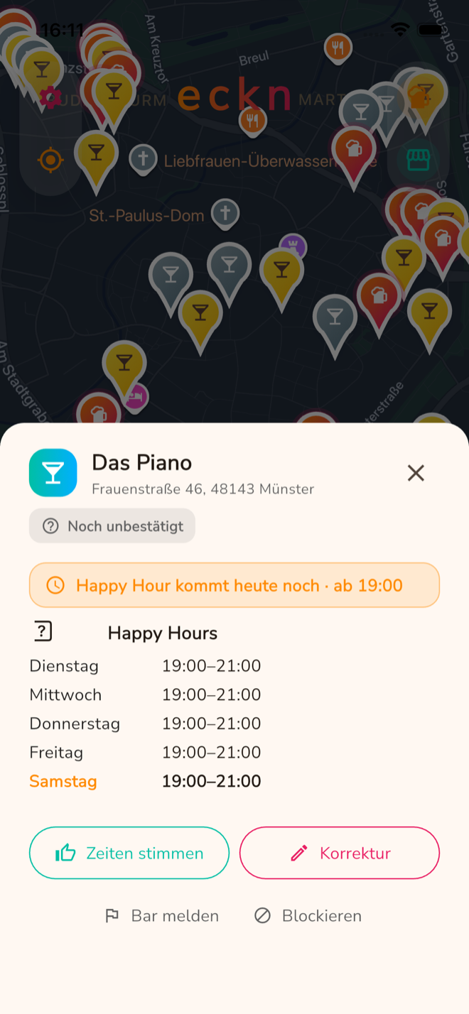 eckn Detailansicht einer Bar mit Adresse und Happy-Hour-Zeiten pro Wochentag