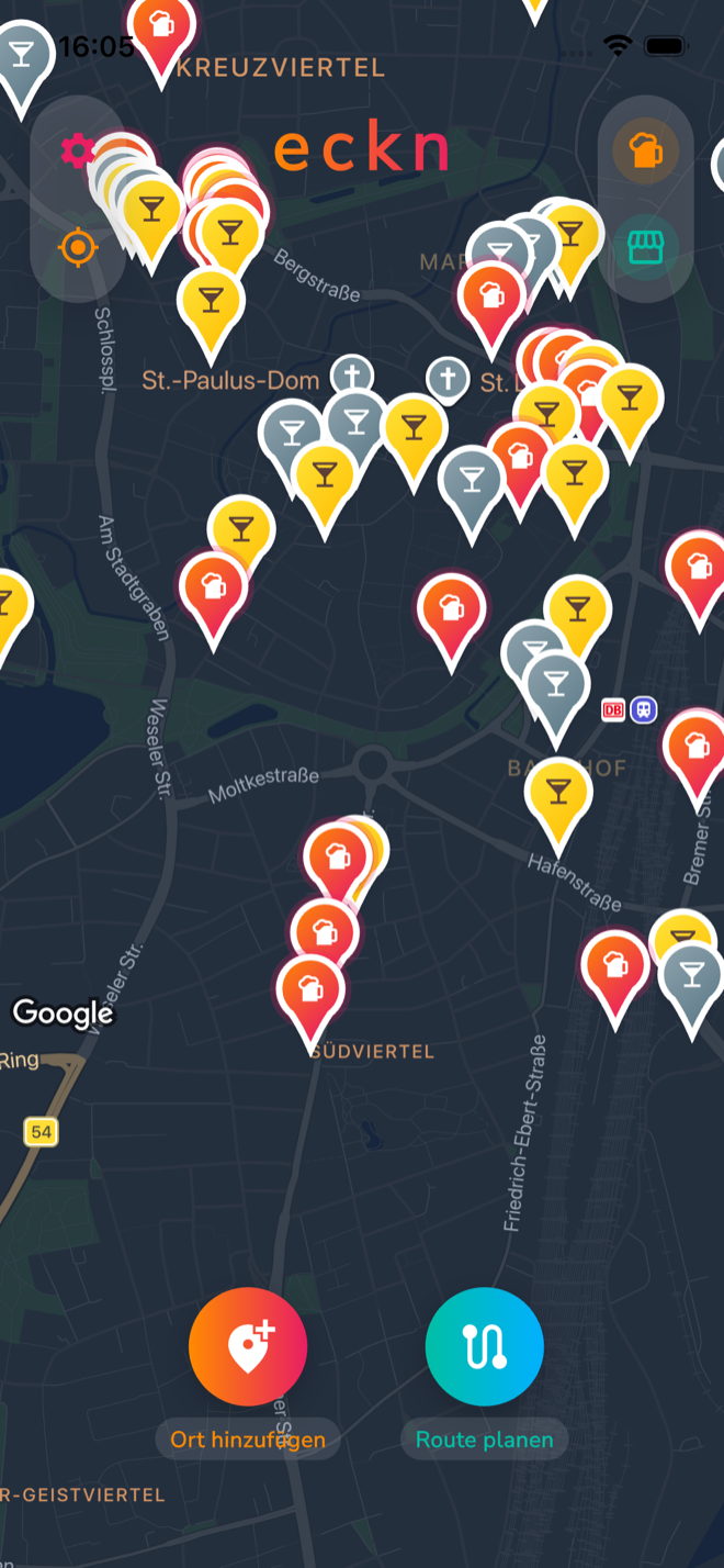 eckn App: Karte mit Spätis und Bars und ihren farbigen Happy-Hour-Markern