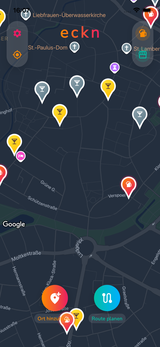 eckn Karte herangezoomt auf Spätis und Bars in der direkten Umgebung