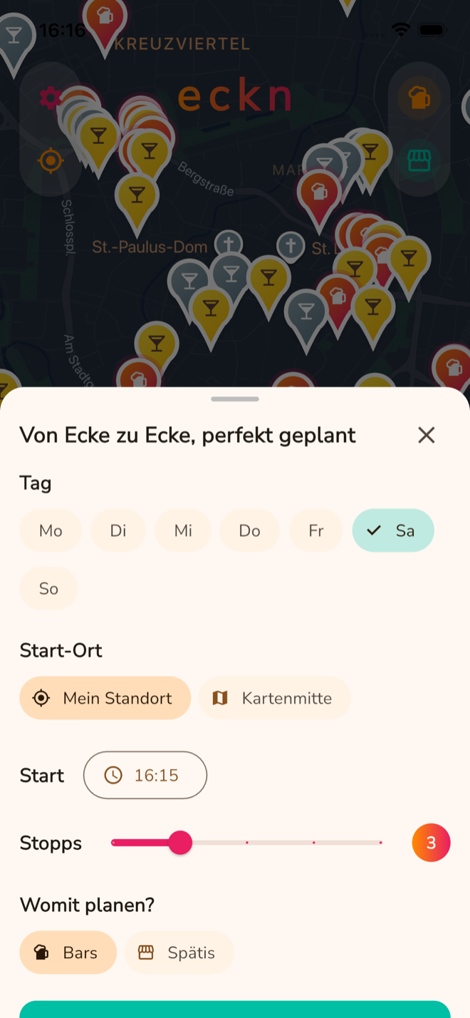 eckn Routenplaner: Tag, Startort, Startzeit und Anzahl der Stopps wählen